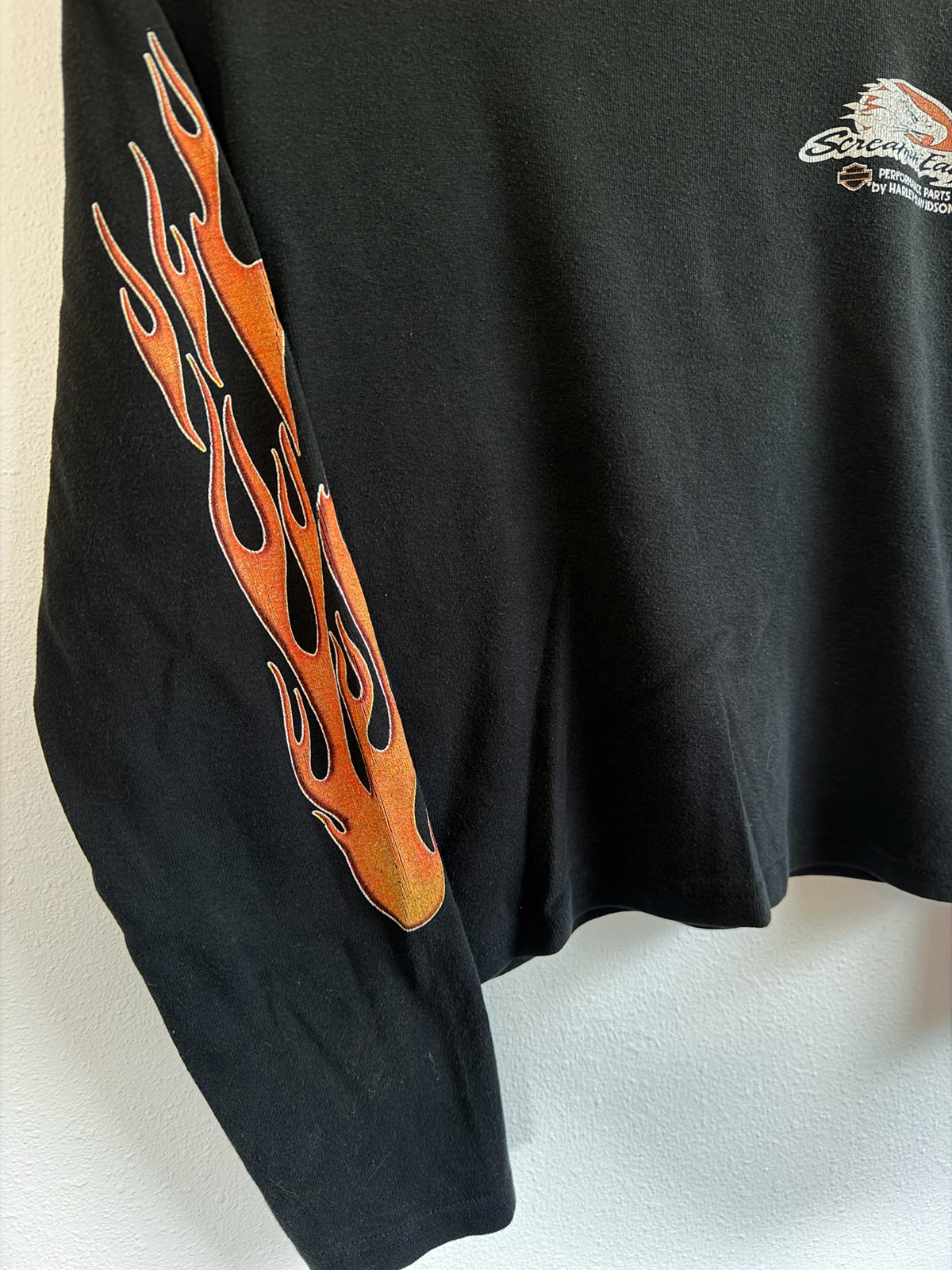 225 Threadz black Harley-Davidson long sleeve shirt with orange flame graphics on the sleeve and Screamin Eagle logo