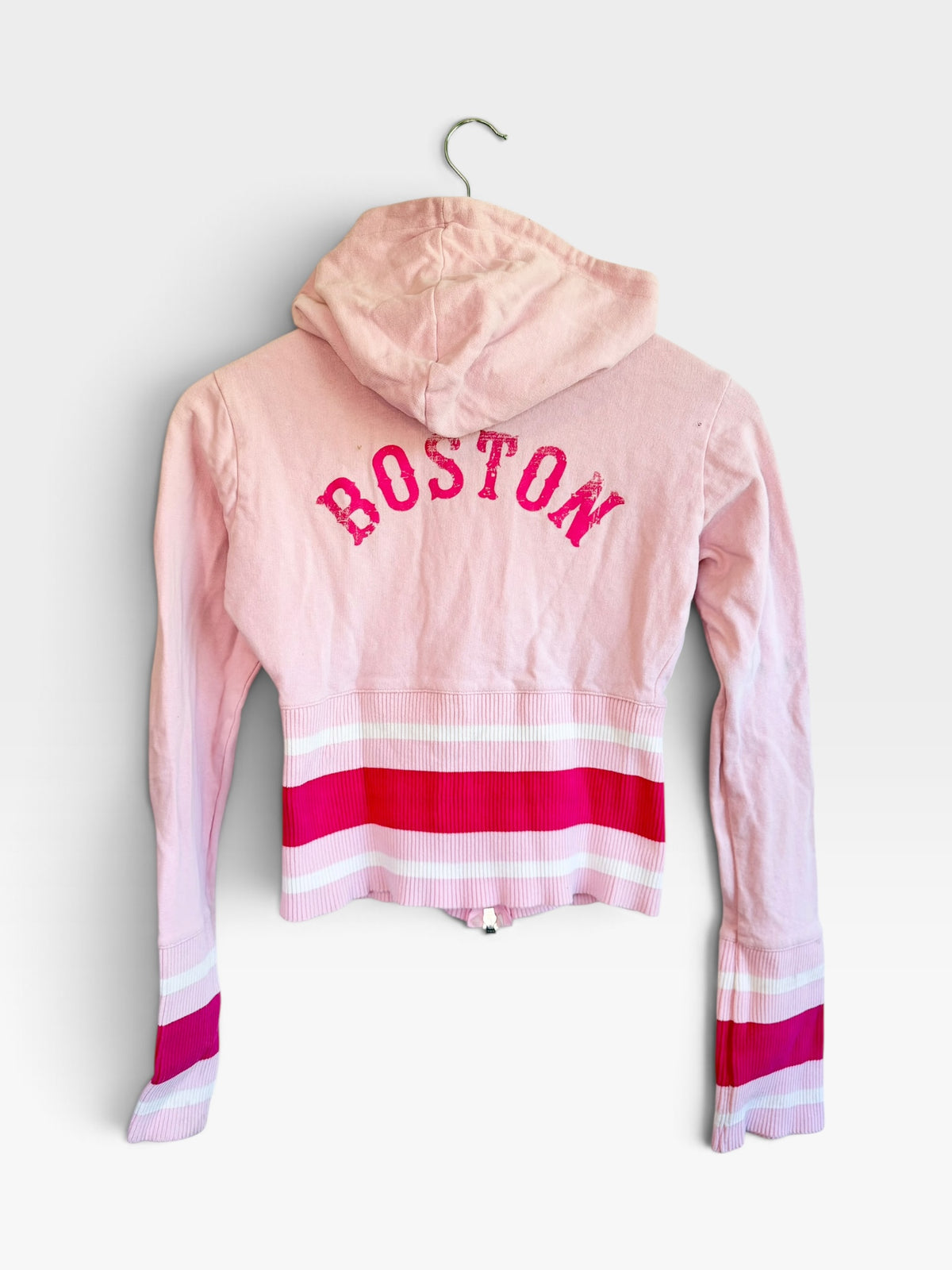 225 Threadz vintage pastel pink Nike zip-up hoodie with Boston back print and striped ribbed hem and cuffs