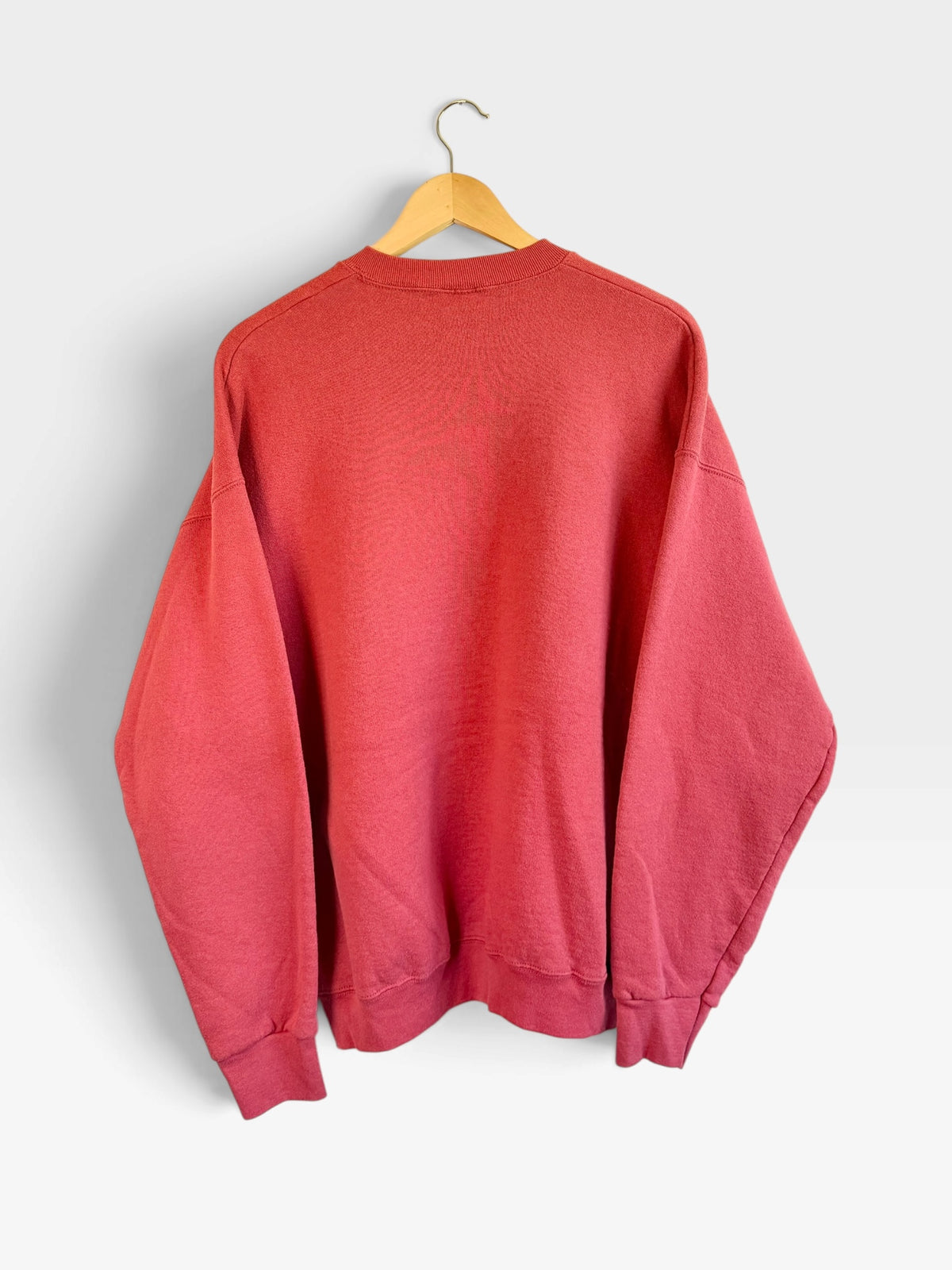 Back view of a 225 Threadz vintage-inspired faded red crewneck sweatshirt with ribbed cuffs and hem on a hanger.