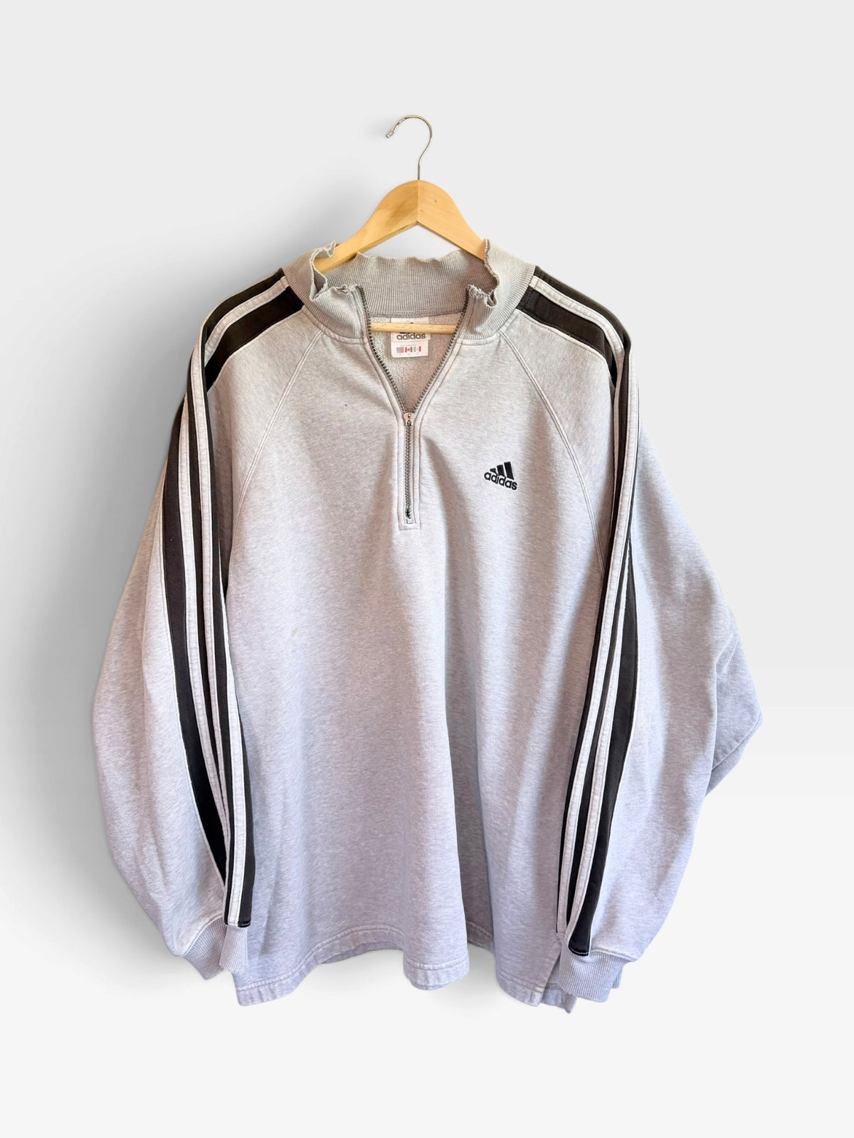 225 Threadz vintage light grey heather adidas quarter-zip pullover sweatshirt with black three-stripe sleeve detail