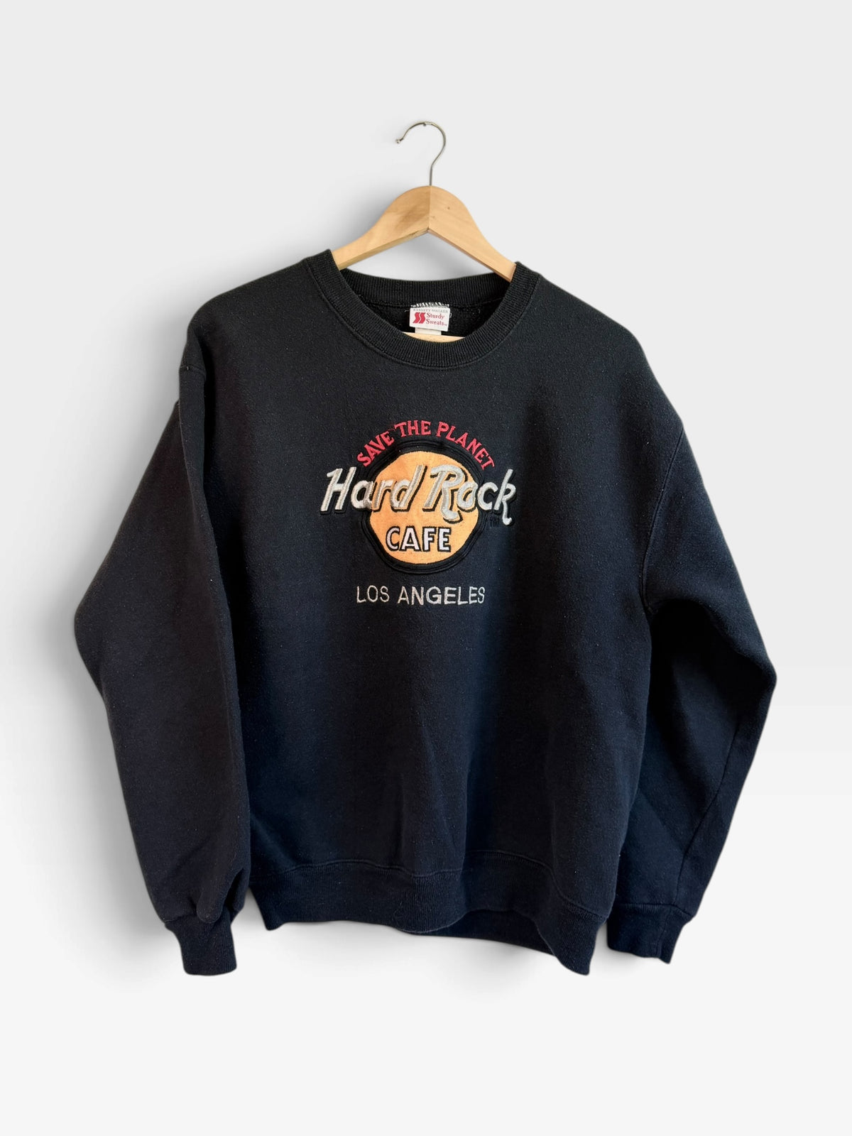 225 Threadz black Hard Rock Cafe Los Angeles crewneck sweatshirt with embroidered Save the Planet logo on chest