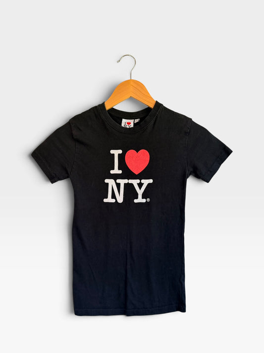 225 Threadz black short sleeve crewneck t-shirt featuring the iconic I Love NY logo with a red heart on a hanger