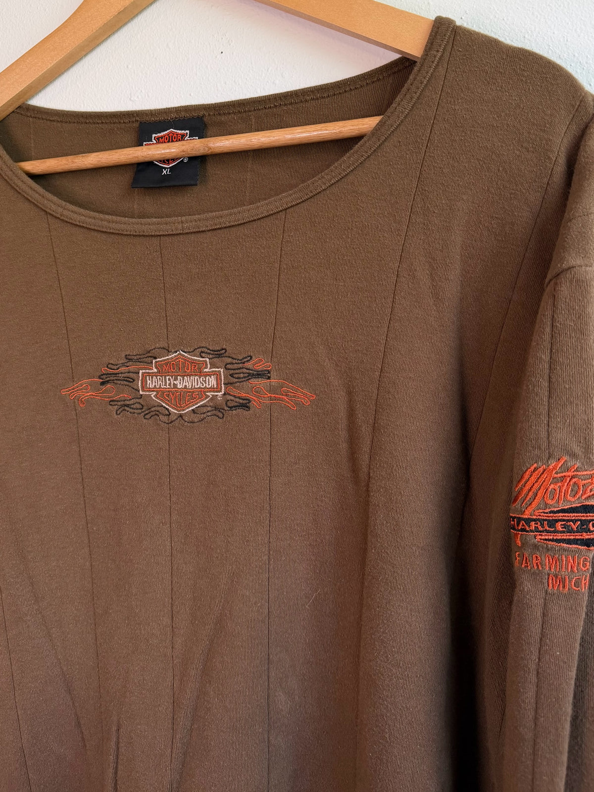 225 Threadz brown Harley-Davidson long sleeve crewneck shirt with embroidered chest logo and sleeve flame detailing.