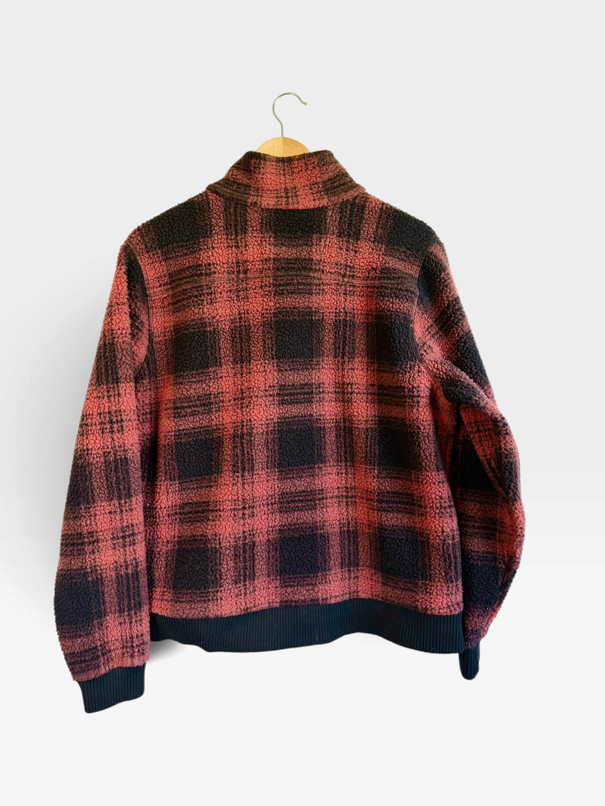 225 Threadz Carhartt red and black plaid sherpa fleece jacket with ribbed hem and cuffs, back view on a hanger.