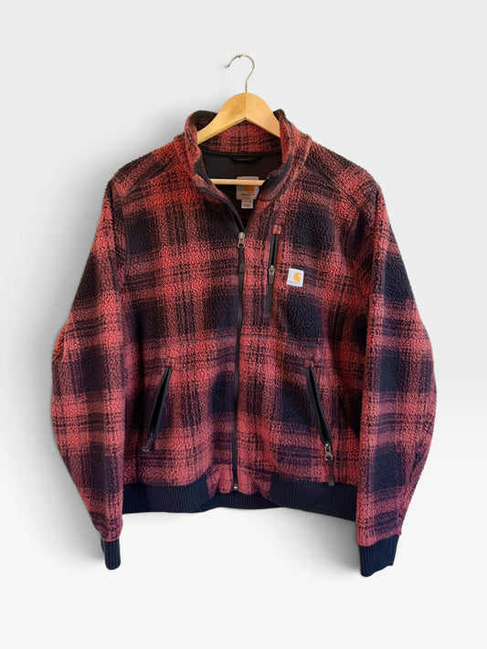 225 Threadz Carhartt red and black plaid sherpa fleece zip-up jacket with chest pocket and ribbed cuffs