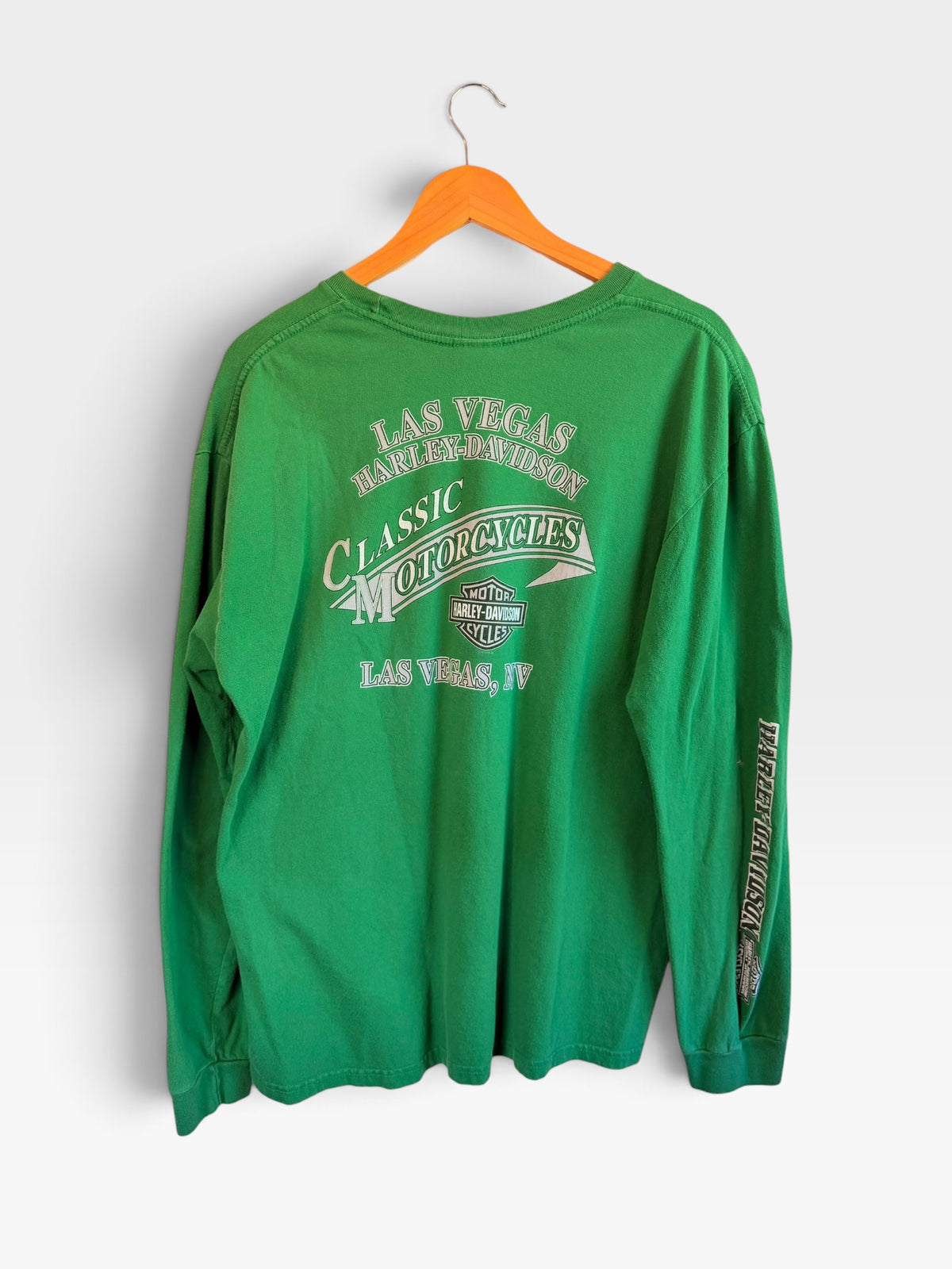 225 Threadz green Harley-Davidson long sleeve t-shirt with Las Vegas graphic print on back and sleeve
