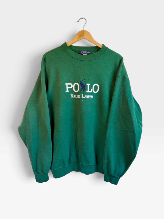 225 Threadz vintage green Polo Ralph Lauren crewneck sweatshirt with embroidered logo on a wooden hanger