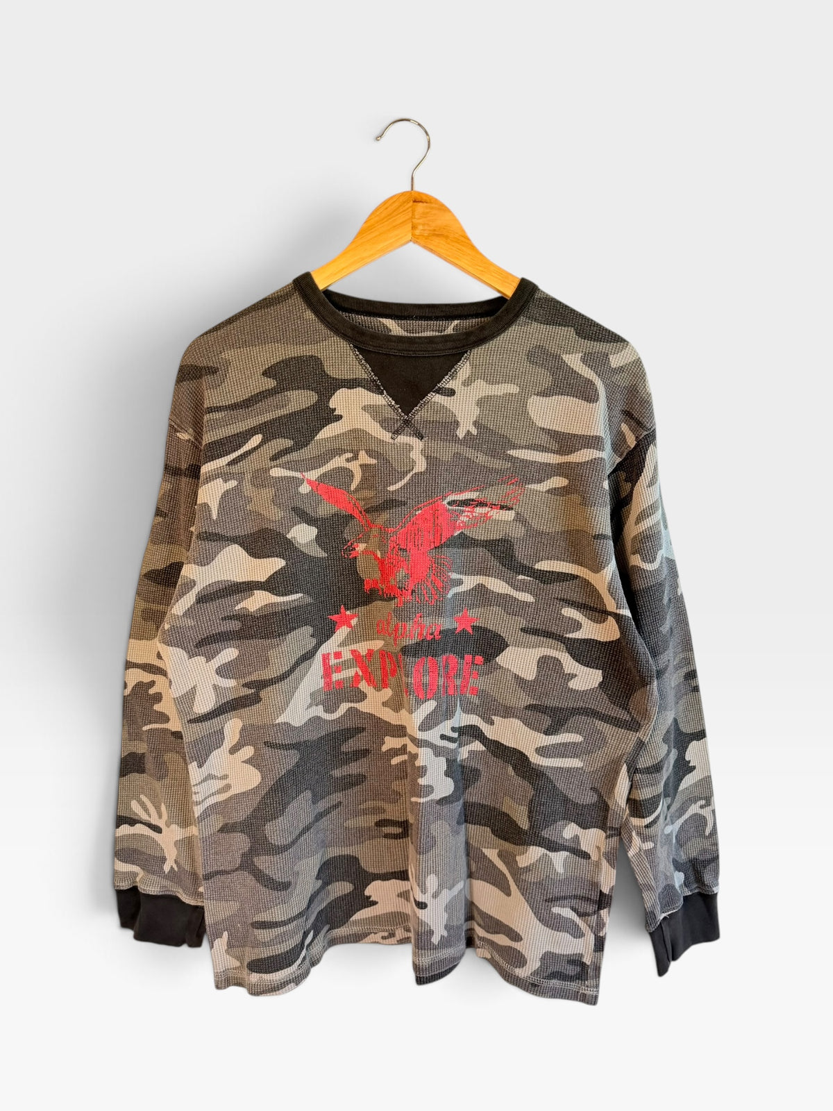225 Threadz grey camouflage waffle knit long sleeve shirt with a red graphic print and black ribbed crewneck