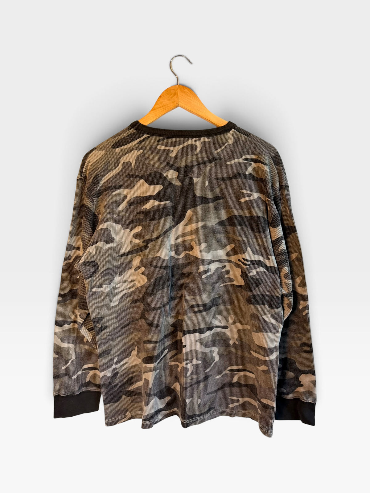 225 Threadz long sleeve waffle knit thermal shirt in grey camouflage print with black ribbed cuffs and crew neckline