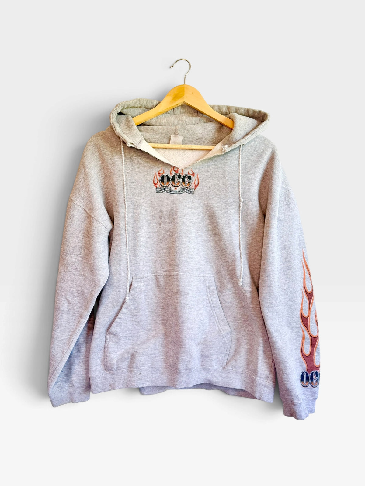225 Threadz heather grey cotton-blend pullover hoodie with Orange County Choppers logo and flame sleeve graphics