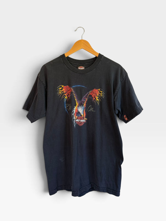 225 Threadz vintage black Harley-Davidson cotton t-shirt with eagle and flame graphic on a wooden hanger