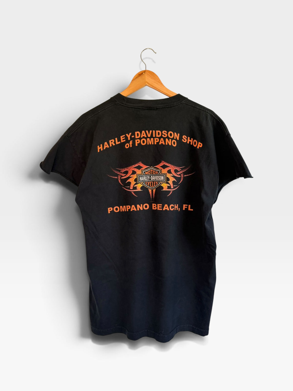 225 Threadz black Harley-Davidson Pompano Beach graphic t-shirt with orange flame details on the back