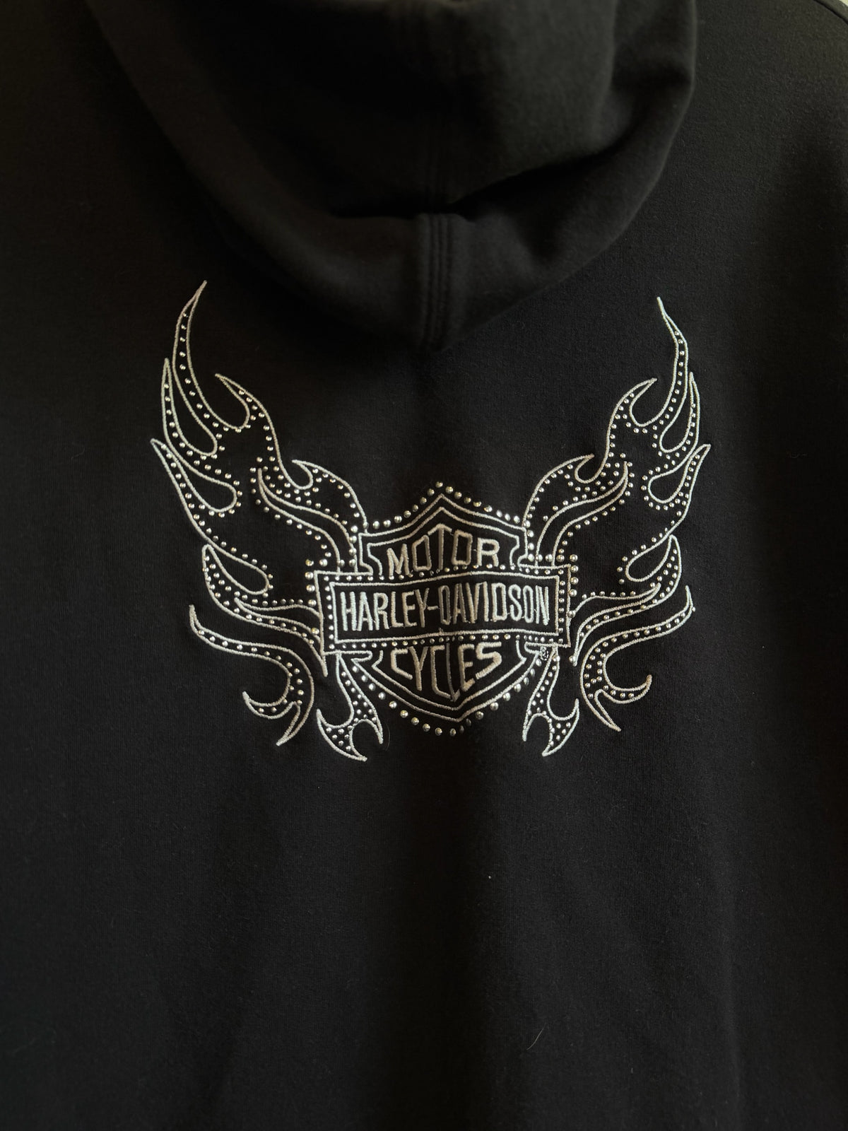 225 Threadz black Harley-Davidson zip hoodie featuring a back graphic of a shield emblem with flames and stud details