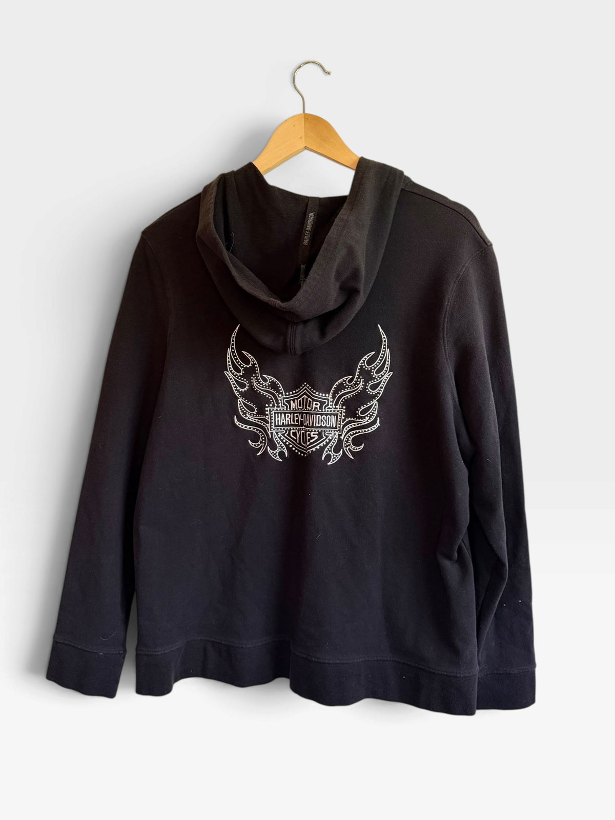 225 Threadz black Harley-Davidson full-zip hoodie with white flame shield graphic and stud details on the back