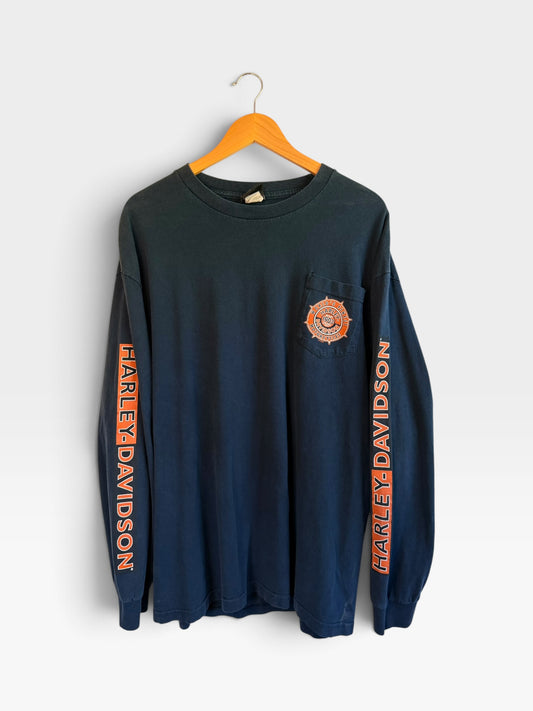 225 Threadz black Harley-Davidson long sleeve graphic t-shirt with chest pocket and orange sleeve lettering