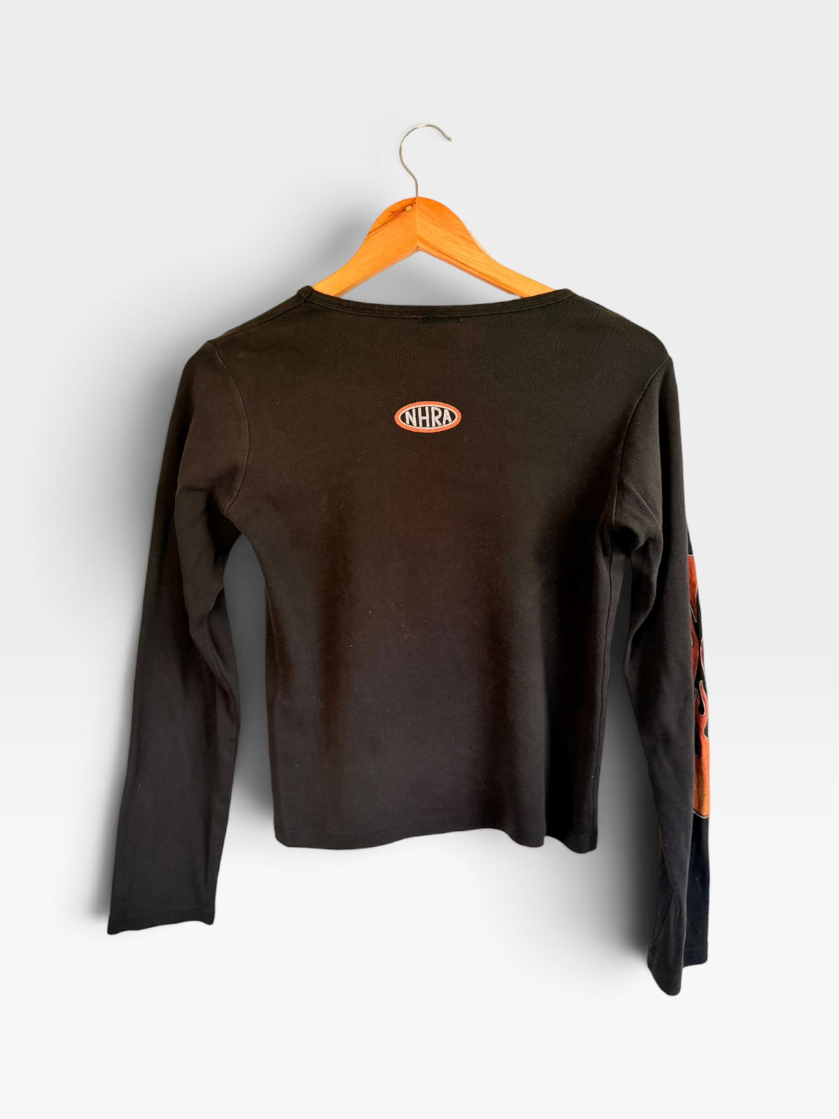 225 Threadz black Harley-Davidson long-sleeve crewneck shirt with NHRA logo on back and flame sleeve detail