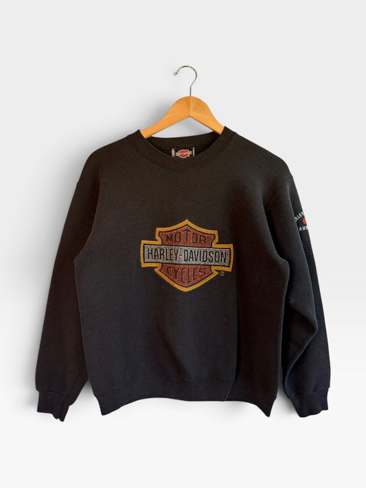225 Threadz black Harley-Davidson crewneck sweatshirt with a large embroidered Bar and Shield logo on the chest.