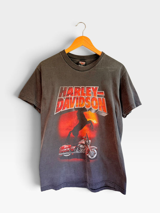 225 Threadz charcoal grey vintage Harley-Davidson graphic t-shirt with a rearing horse and motorcycle print.