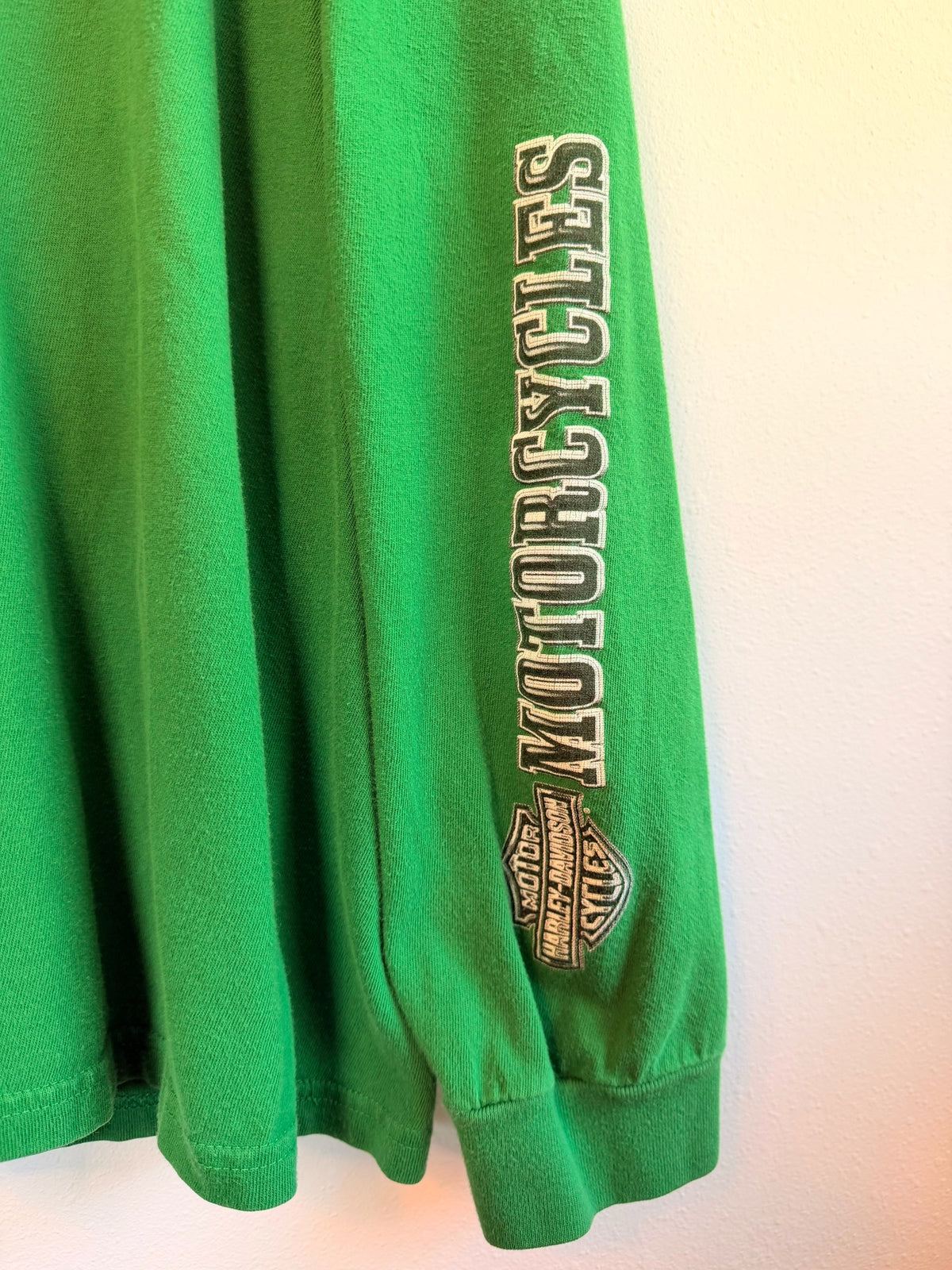 225 Threadz green Harley-Davidson long sleeve t-shirt with white Motorcycles graphic printed down the sleeve