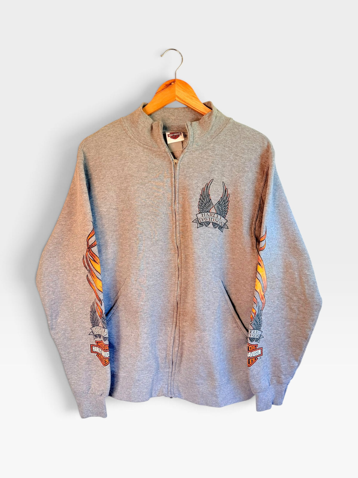 225 Threadz grey Harley-Davidson full-zip mock neck fleece sweatshirt with flame sleeve graphics and winged chest logo