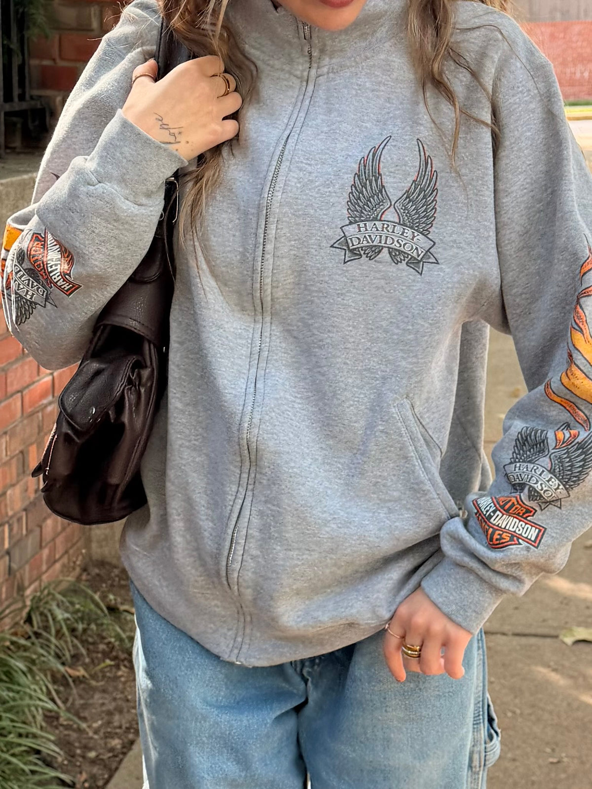 225 Threadz grey Harley-Davidson full-zip fleece sweatshirt with winged chest logo and flame sleeve graphics