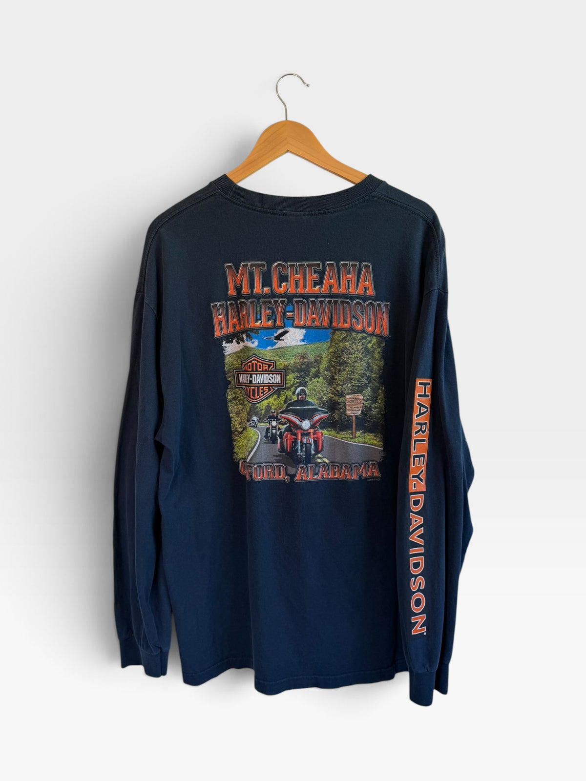 225 Threadz black Harley-Davidson long sleeve t-shirt with Mt. Cheaha Alabama graphic on back and sleeve lettering