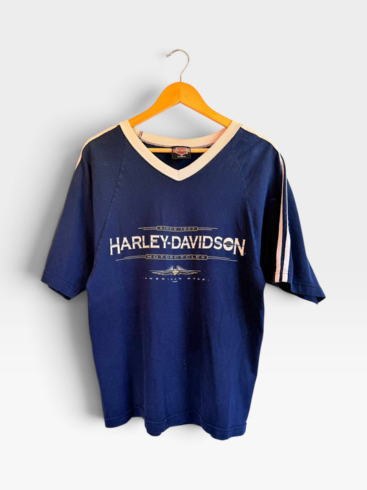 225 Threadz vintage navy blue Harley-Davidson V-neck graphic t-shirt with cream trim and sleeve stripes on a hanger