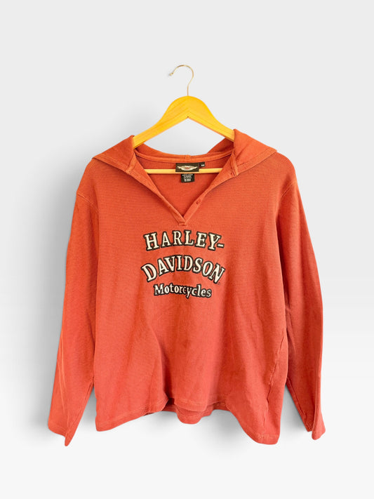 225 Threadz burnt orange Harley-Davidson waffle-knit long sleeve hooded pullover shirt with chest logo graphic