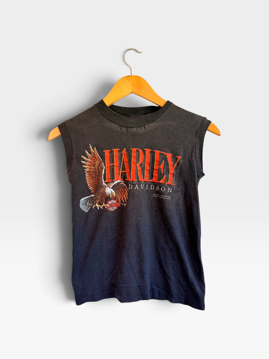 225 Threadz vintage Harley-Davidson sleeveless black cotton muscle tee with eagle graphic and orange lettering