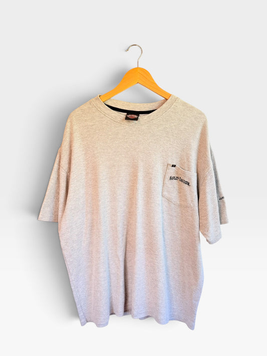225 Threadz light grey waffle-knit Harley-Davidson pocket t-shirt with ribbed crew neck hanging on a wooden hanger
