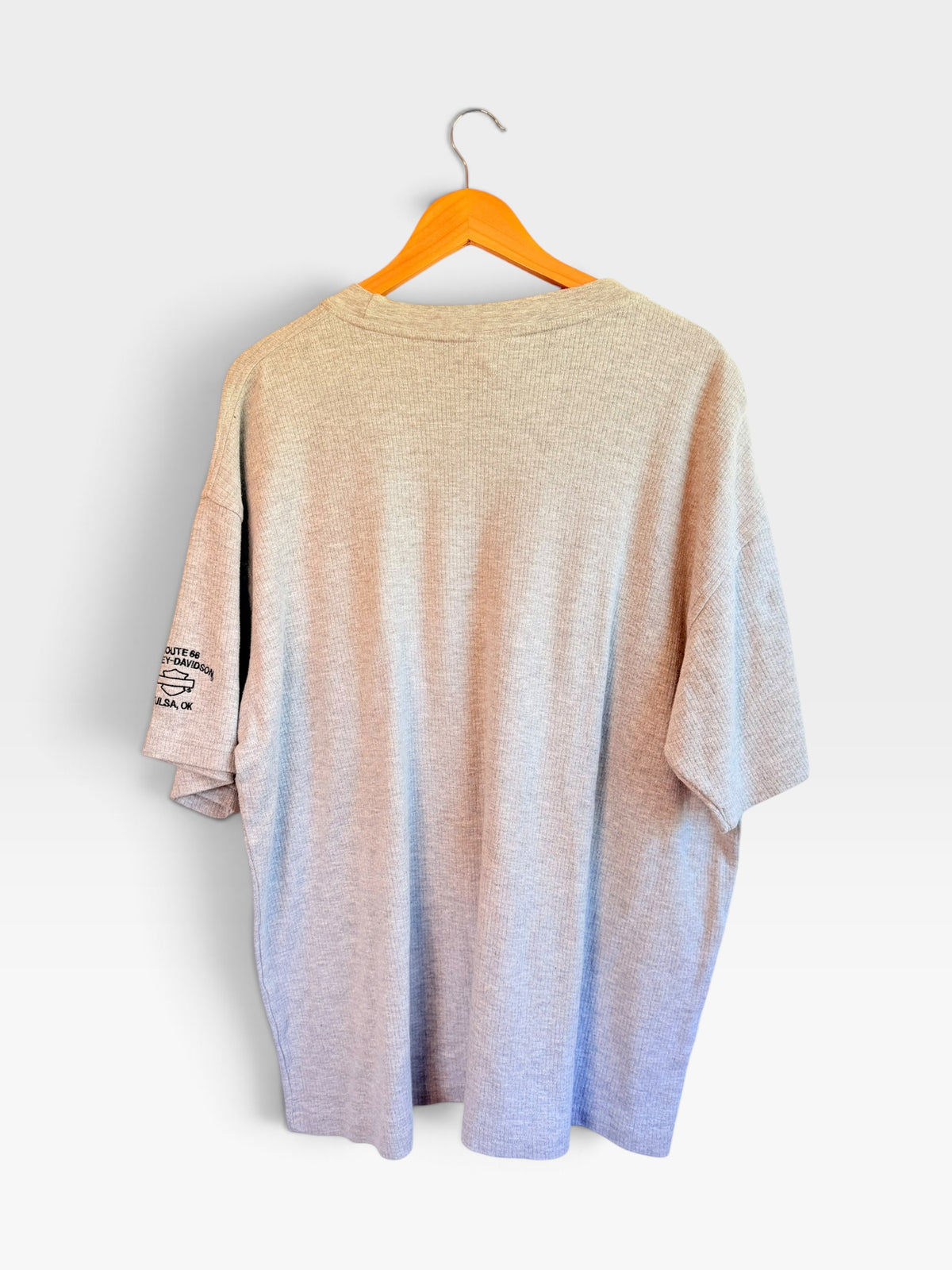 225 Threadz light grey waffle-knit Harley-Davidson t-shirt with back graphic print hanging on a wooden hanger