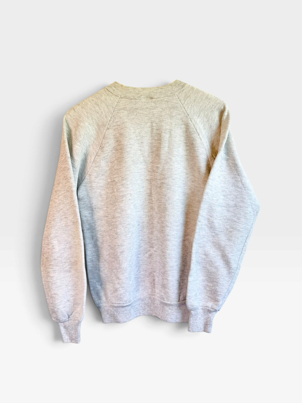 Back view of 225 Threadz heather grey cotton-blend crewneck sweatshirt with raglan sleeves and ribbed hem
