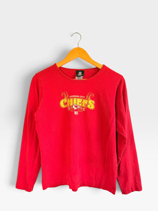 225 Threadz red Kansas City Chiefs long sleeve crewneck shirt with gold and white graphic logo on a wooden hanger