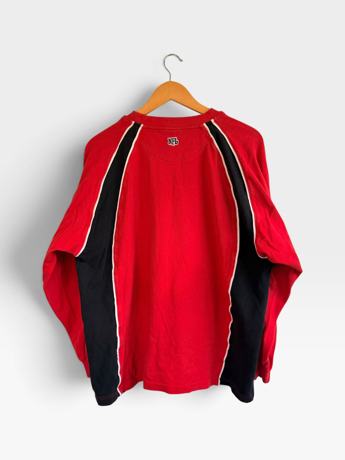 225 Threadz Kansas City Chiefs red long sleeve jersey with black side panels and white piping, back view on hanger