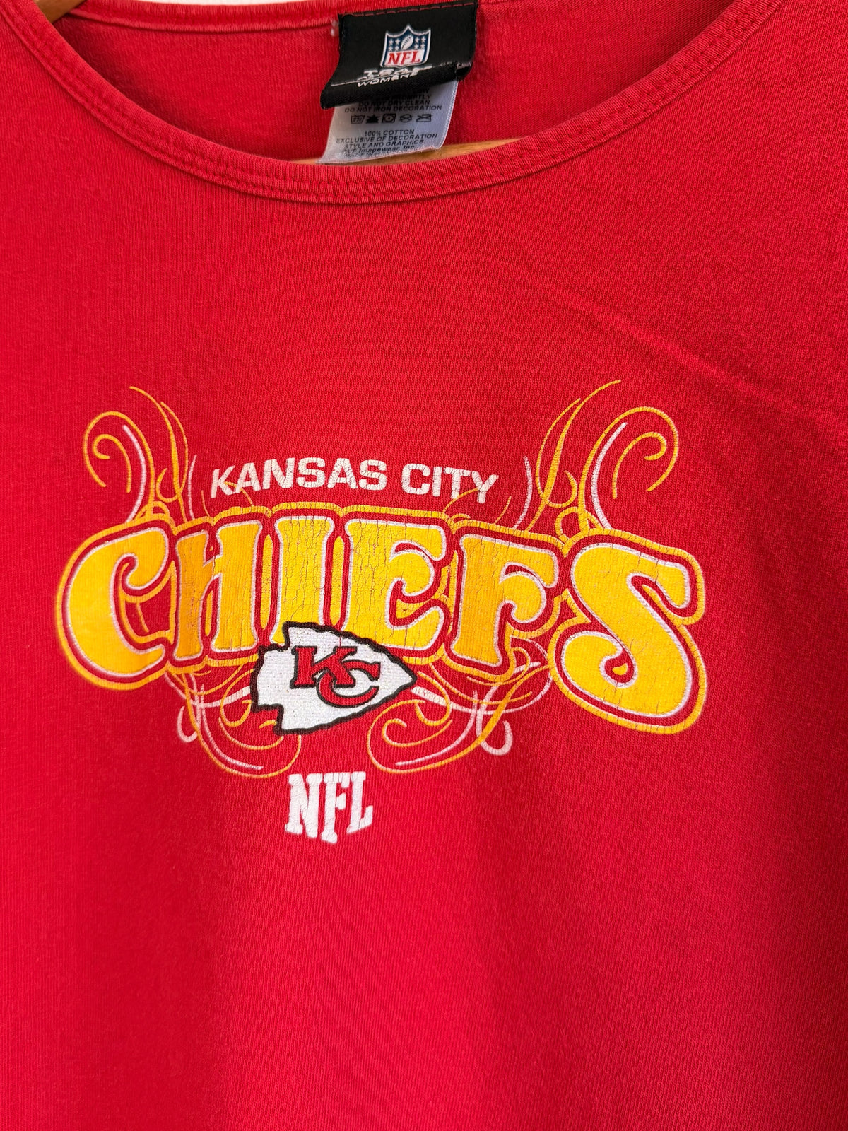 225 Threadz red Kansas City Chiefs long sleeve crewneck shirt with gold and white graphic logo
