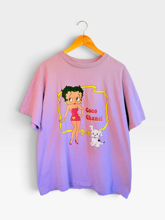 225 Threadz lavender cotton t-shirt featuring a retro Betty Boop graphic with her puppy on a crewneck design.