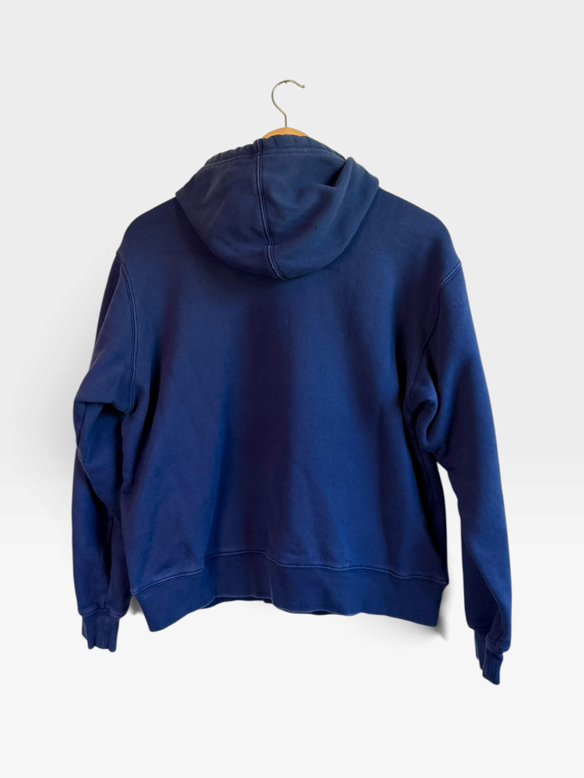 225 Threadz navy blue Adidas fleece-lined pullover hoodie with drawstring hood and ribbed hem, back view