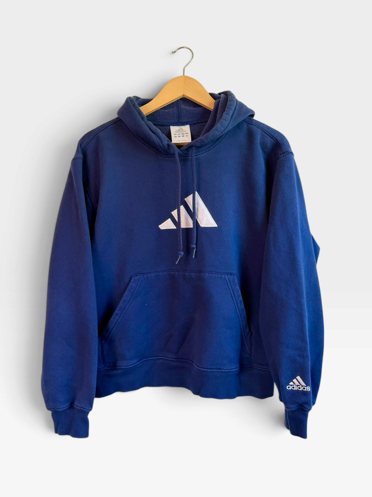 225 Threadz navy blue Adidas fleece pullover hoodie with white chest logo, kangaroo pocket, and drawstring hood.