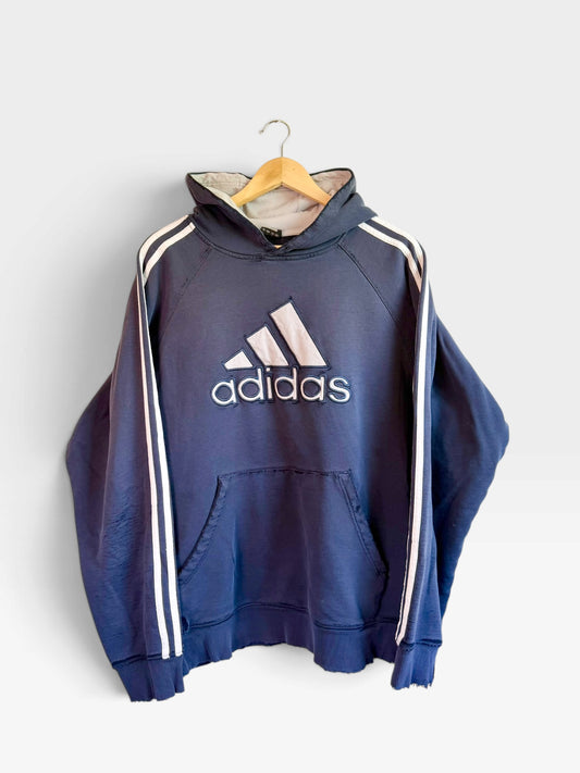 225 Threadz navy blue vintage adidas pullover hoodie with white three-stripe sleeve detailing and embroidered logo