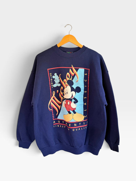 225 Threadz navy blue crewneck sweatshirt featuring a vintage Mickey Mouse graphic print and ribbed trim details.
