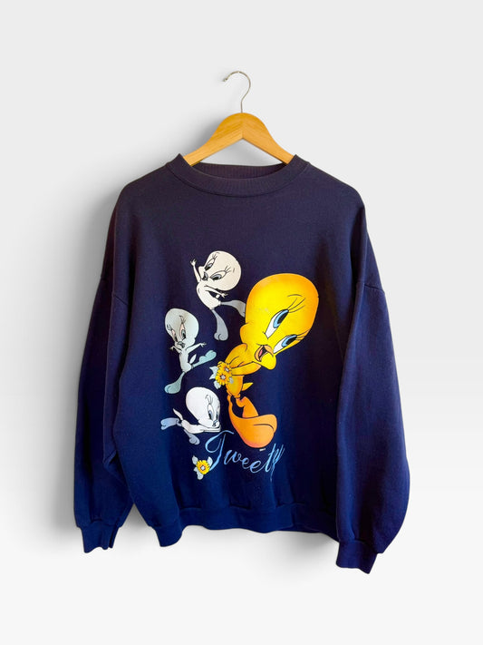 225 Threadz navy blue crewneck sweatshirt featuring a vintage Tweety Bird graphic print on a soft cotton-blend fabric.