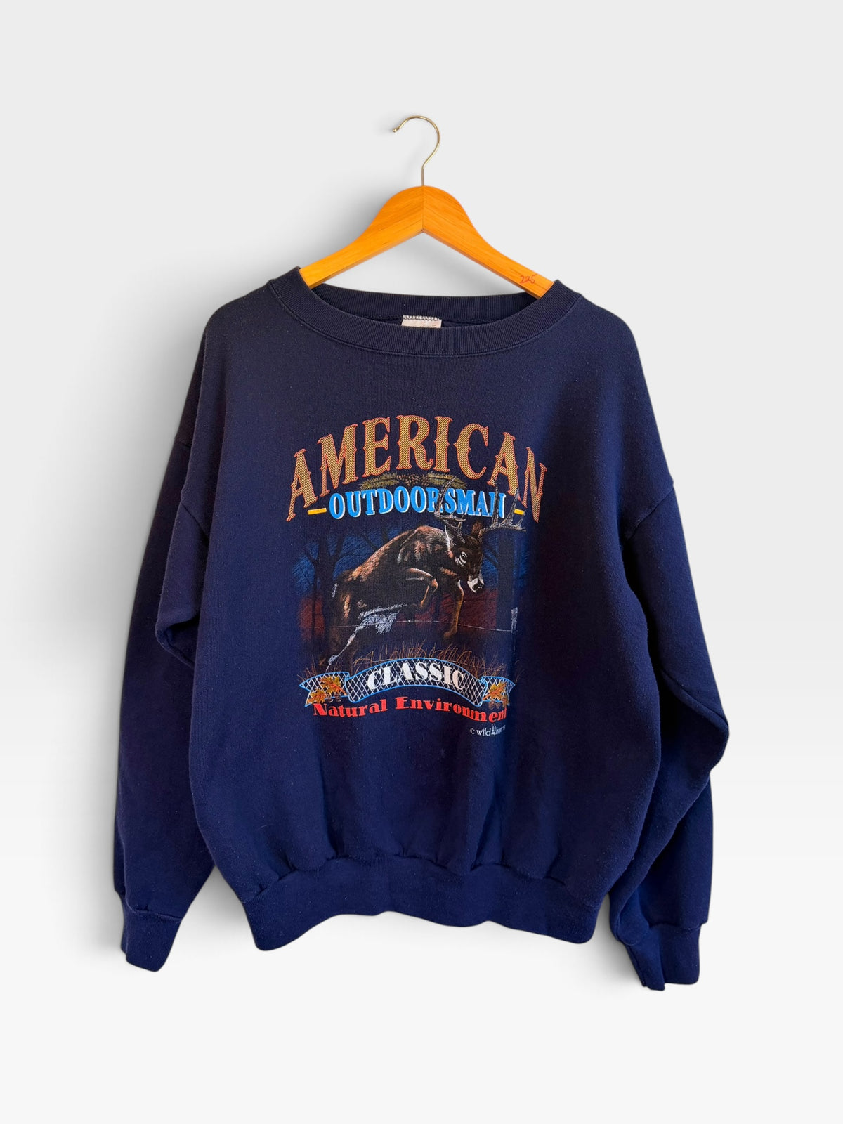225 Threadz navy blue crewneck sweatshirt featuring a vintage American Outdoor buck graphic print on cotton-blend.