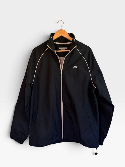 225 Threadz black Nike full-zip windbreaker jacket with white piping and embroidered logo on a wooden hanger