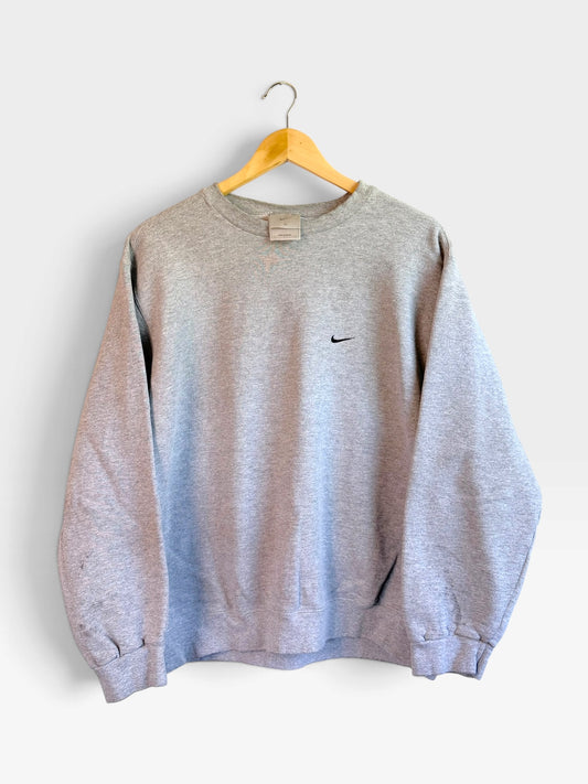 225 Threadz Nike heather grey crewneck sweatshirt with black embroidered swoosh logo on chest, hanging on a hanger.