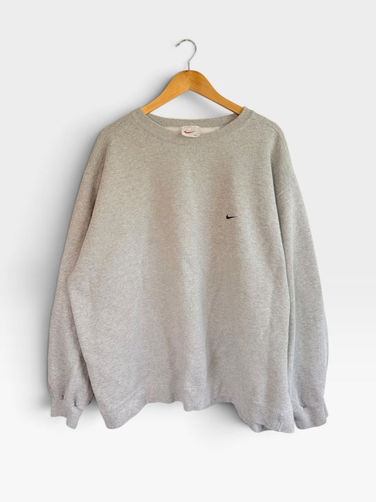 225 Threadz heather grey Nike crewneck sweatshirt with embroidered Swoosh logo on a wooden hanger