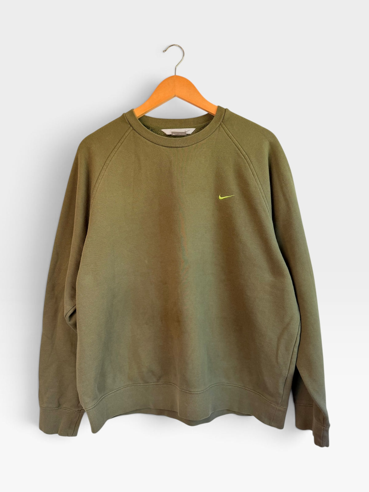 225 Threadz olive green Nike crewneck sweatshirt with raglan sleeves and a small lime green embroidered Swoosh logo.