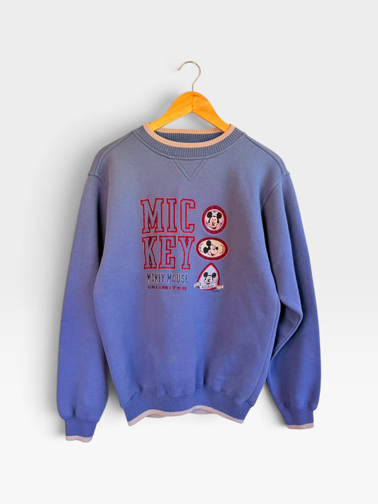 225 Threadz periwinkle blue vintage Mickey Mouse crewneck sweatshirt with embroidered graphic and layered ribbed trim