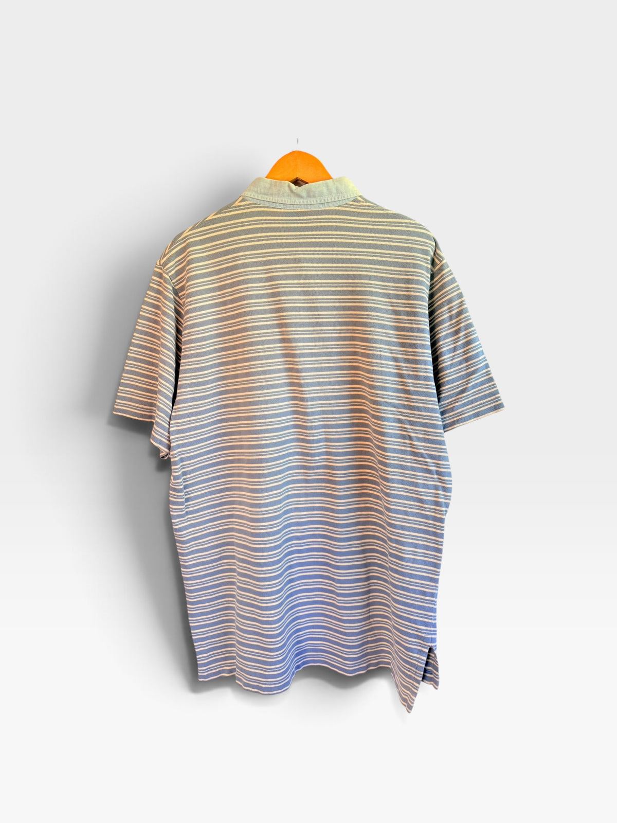 225 Threadz Polo Sport Ralph Lauren light blue and white striped cotton polo shirt, back view on a wooden hanger.