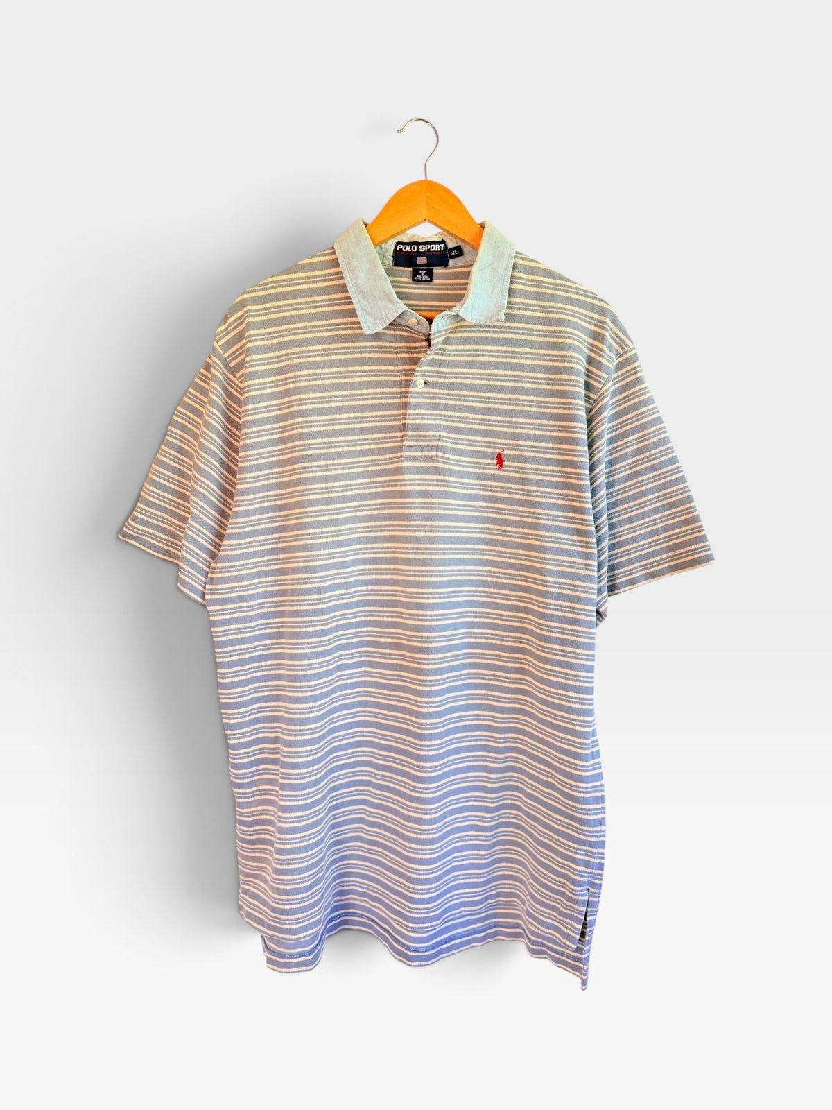 225 Threadz Polo Sport Ralph Lauren light blue and white striped cotton polo shirt with red embroidered pony logo