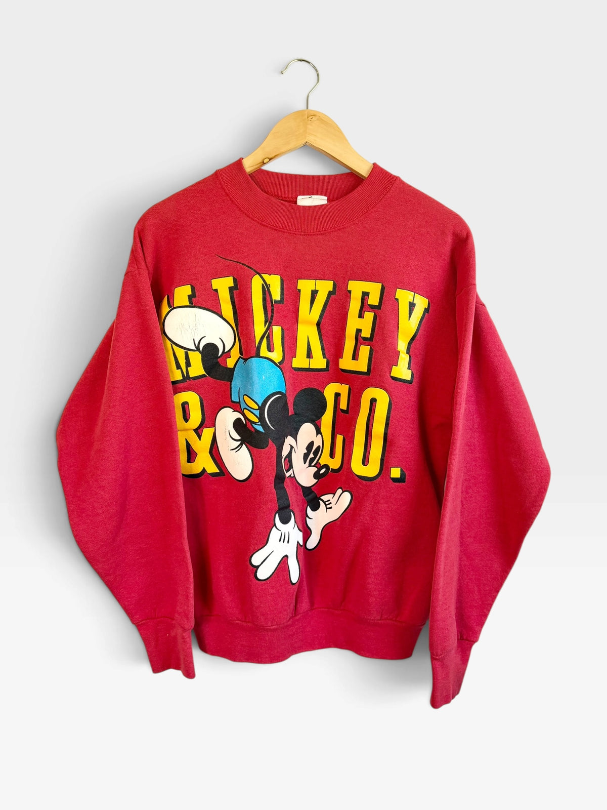 225 Threadz red crewneck sweatshirt featuring a vintage Mickey & Co. graphic print on the front